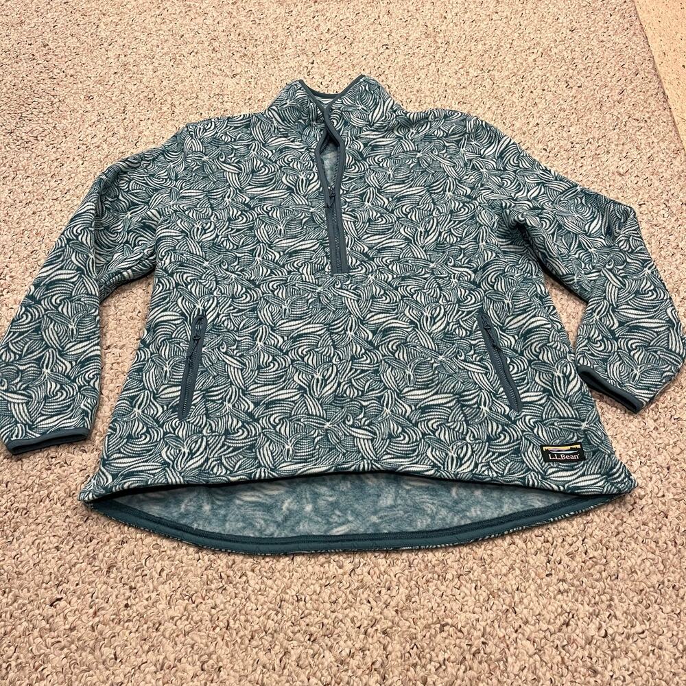 NEW LL Bean Sweater Fleece Half Zip Pullover L Teal Abstract Print Outdoor